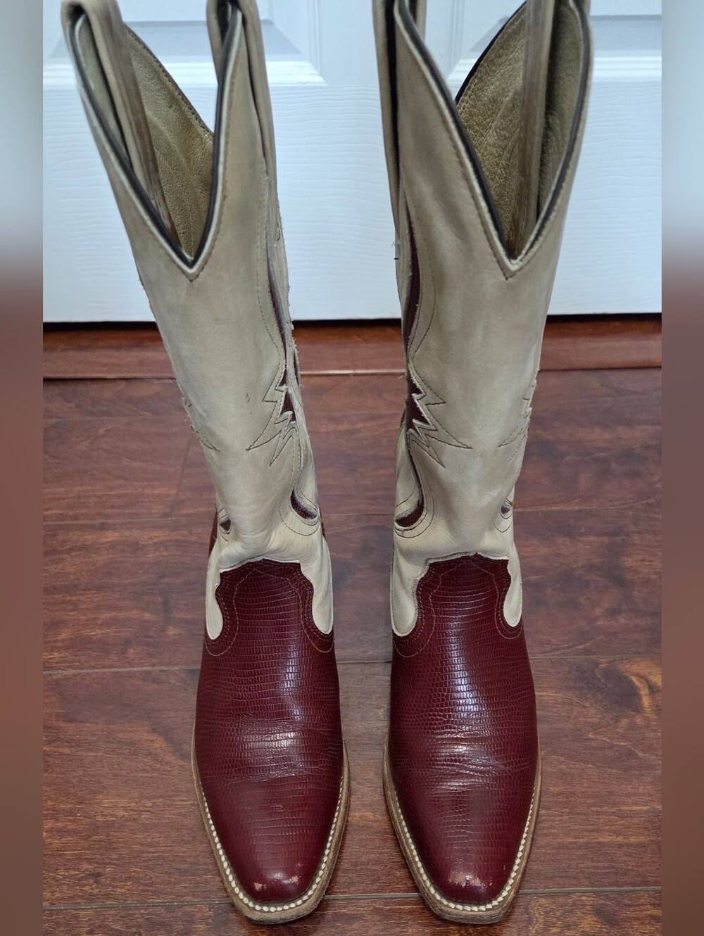 VTG Frye Boots Womens Two-Tone Red Lizard Leather Heeled Inlay Western Size 5.5 - Picture 3 of 13